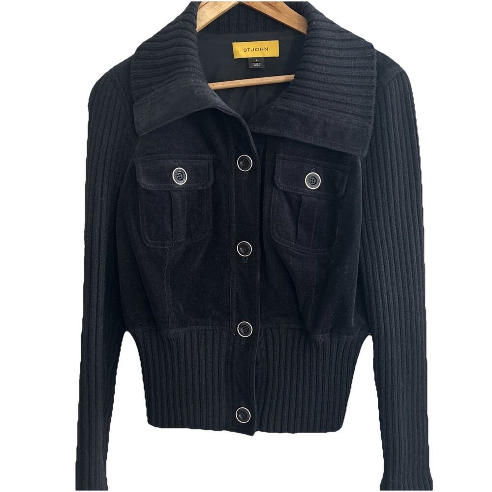 St. John Black‎ 6 Cotton Blend Velvet Corduroy Bomber Jacket Luxury Minimalist